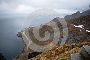 Old stone staircase used by ancient monks to ascend mountain top. Reine, Lofoten, Norway