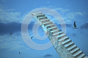 Old stone stairs to heaven with flying birds