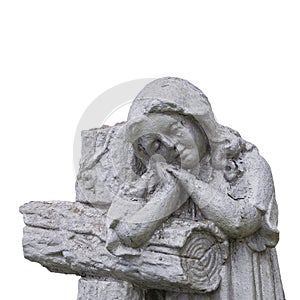 Old stone statue: child near the cross. White background child loss concept