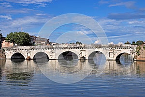 Old stone Tiberius bridge in Rimini Italy