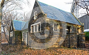 Old stone toilet block in Central Park, Manhattan, New York.