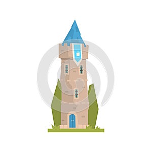 Old stone tower with blue pennant, ancient architecture building vector Illustration