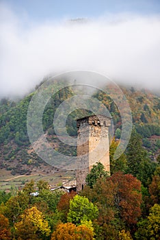 Old stone tower in the Georgian town of Mestia