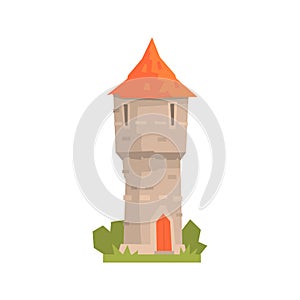 Old stone tower with red roof, ancient architecture building vector Illustration