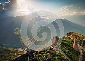 Old stone towers in Goor mountain village in Dagestan, Russia