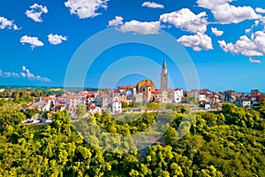 Old stone town of Buje on green hill aerial view