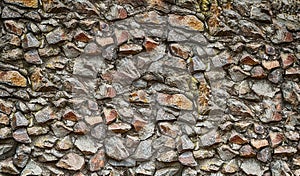 Old stone wall close up of brown and gray cobblestones