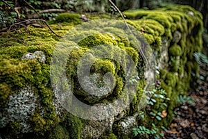 Old stone wall covered in green moss, twigs and plants.