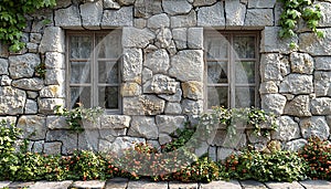 Old stone wall with flower pot and window generated by AI