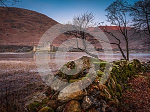 Old stone wall at Kilchurn Castle in Scottish Highlands