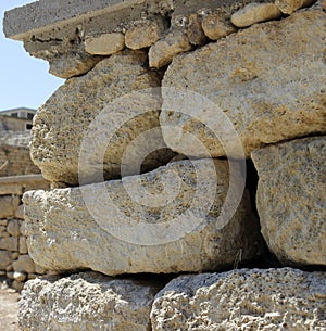 Old stone wall Knossos Palace ruins. Heraklion, Crete, Greece