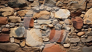 Old stone wall, weathered and damaged, surrounded by solid brick generated by AI