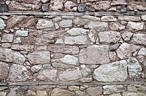 Old stone wall with wooden beams closeup