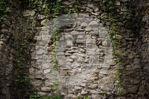 Old stone walls fortress with green ivy.Real texture of old stone bricks. Quality photo background of brickwork. Good for 3D works