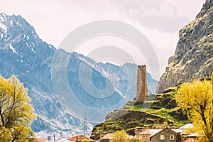 Old Stone Watchtower On Sky Background In Pansheti Village, Kazb