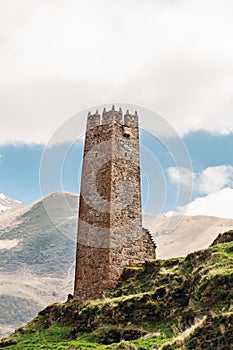 Old Stone Watchtower On Sky Background In Pansheti Village, Kazb