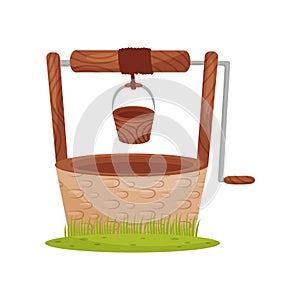 Old stone water well, wooden bucket hangs on rope. Element for rural landscape. Farm theme. Flat vector design