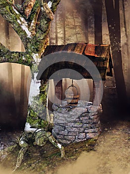 Old stone well by a withered tree