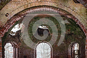 Old stone windows old Russian style Vintage walls of a Church with peeling bricks