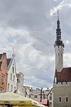 Old stoned streets, houses and red roofs of old Tallinn in the summer day.