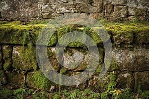 Close up section of old wall with grass, moss and lichen growing on it.