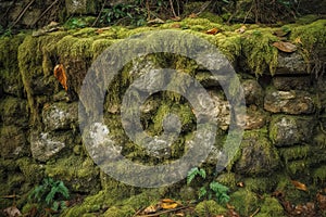 Old stonewall with lichen, moss and plants growing on it.