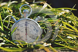 Old stopwatch in green grass