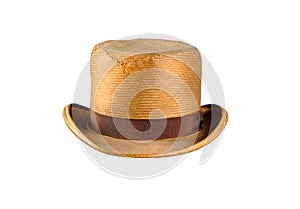 Old straw men hat with silk ribbon isolated