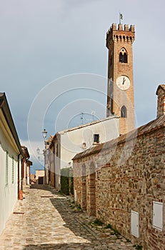 Old street and bell tower in Santarcangelo di Romagna