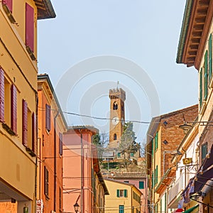 Old street and bell tower in Santarcangelo di Romagna