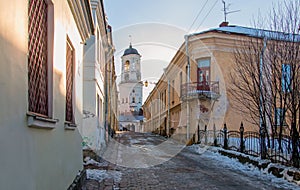 The old street of the city of Vyborg and Clock Tower