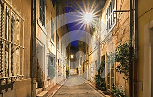 The old street in the historic quarter Panier of Marseille in South France at night