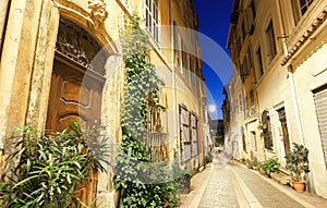 The old street in the historic quarter Panier of Marseille in South France at night photo