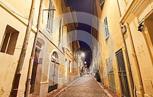 The old street in the historic quarter Panier of Marseille in South France at night