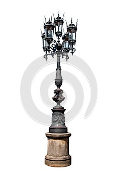 Old street lamp on a column isolated on a white background