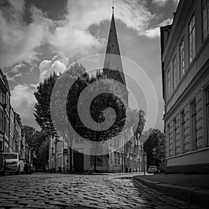 An old street in Luebeck in black white photo