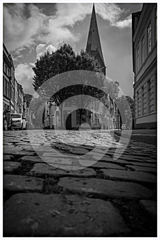 An old street in Luebeck in black white photo