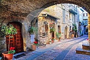old street of medieval towns of Italy, Umbria region.