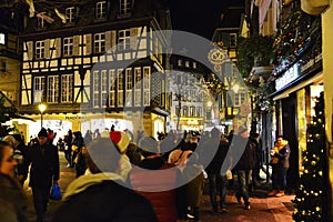 Old street at night in winter, Colmar, France. European, ancient.