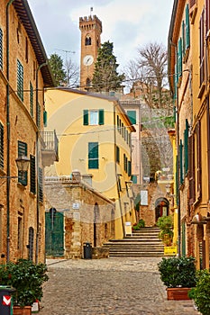 Old street and old bell tower in Santarcangelo di Romagna