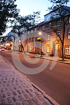 Old street in Quebec city. Historics houses in Old Quebec. D'Auteuil Street in Old Quebec. Tourism in Quebec city in Canada.