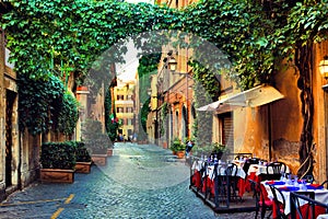 Old street in Rome with leafy vines and cafe tables, Italy