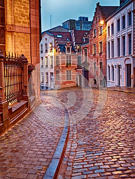 Old Streets of Bruxelles Belgium illuminated at dusk or dawn