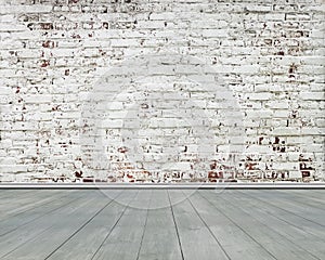 Old stripped bricks wall with green wooden floor