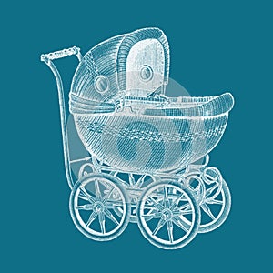 An old stroller,an old retro model in a beautiful white style on a turquoise background for your designs and logo