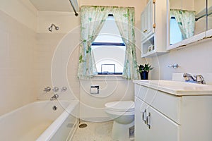 Old style bathroom interior with white cabinets