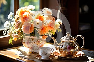 Old style ceramic teapot and vase with flowers on sunset table. Home with still life of evening tea in porcelain service