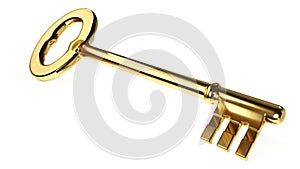 Old style golden key in a white background
