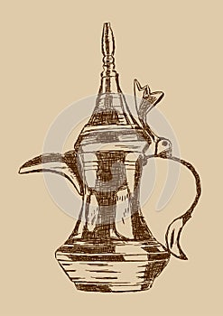 Old Style Hand Drawn Arabic Coffee Pot - Vector Illustration