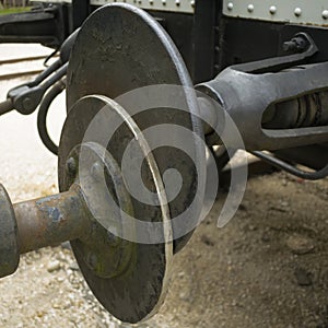 Abstract vintage transportation background featuring Old style hook railway coupling and buffers photo